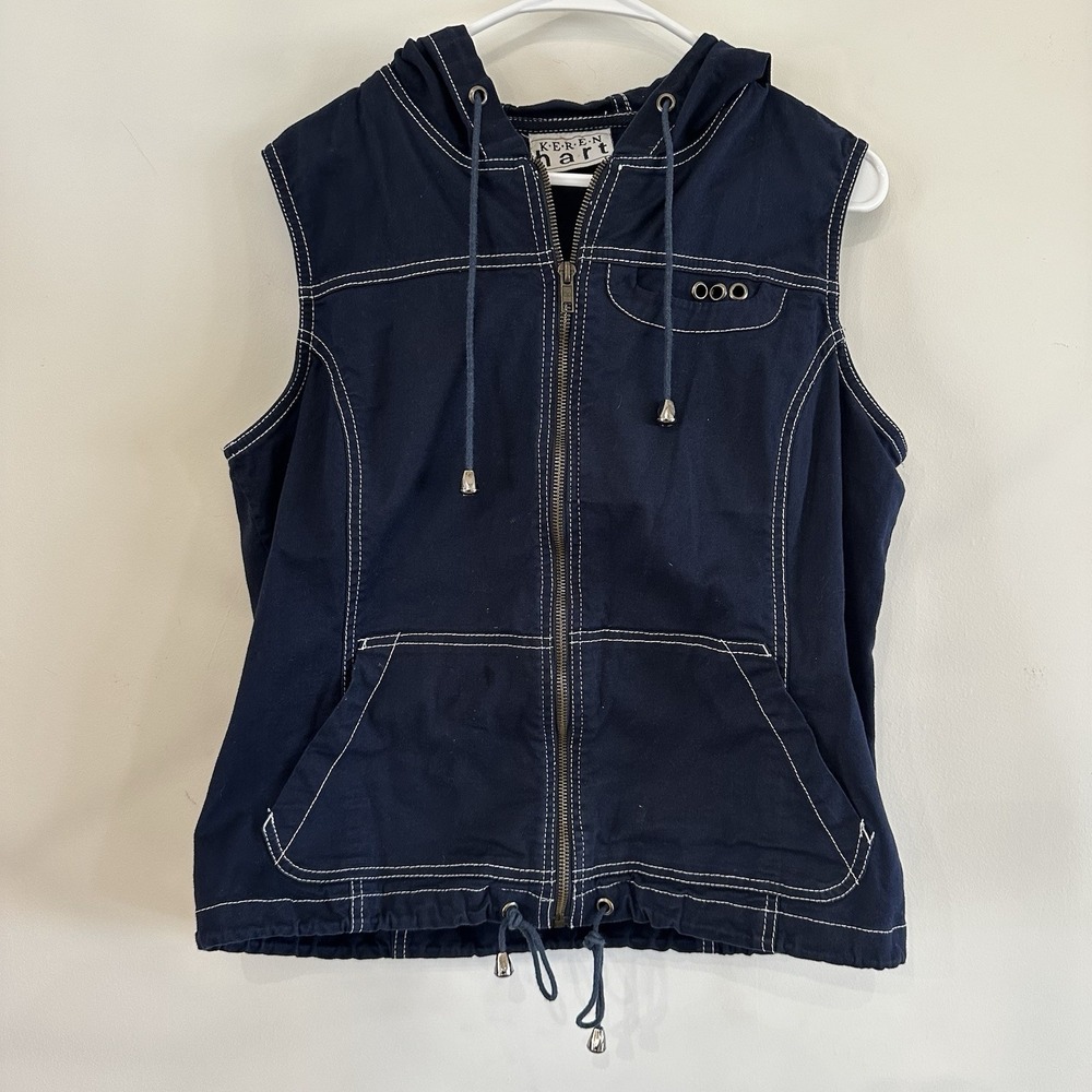 Women's Karen Hart Navy Blue Zip Zip Vest 0X 14 Cotton Hooded Nautical